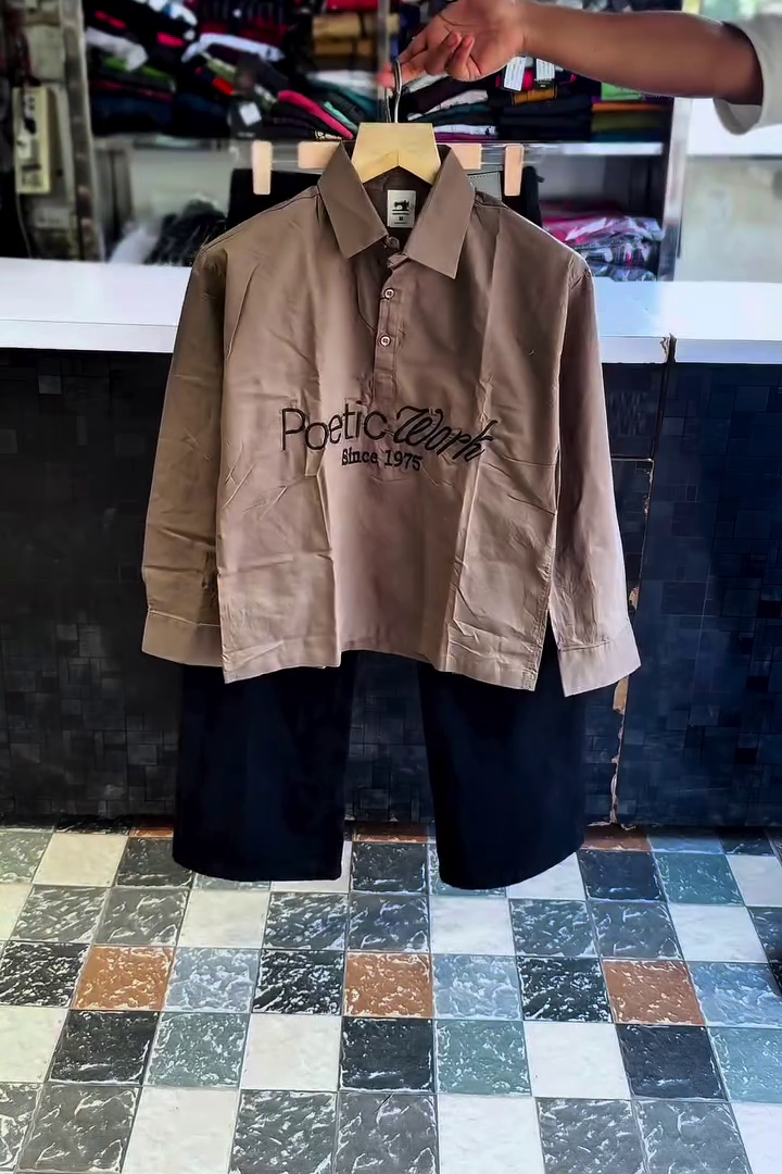 Rust-Brown Collared Long-Sleeve Shirt With "Poetic Work" Typography Paired With Dark Denim Jeans 🤎👕👖✨