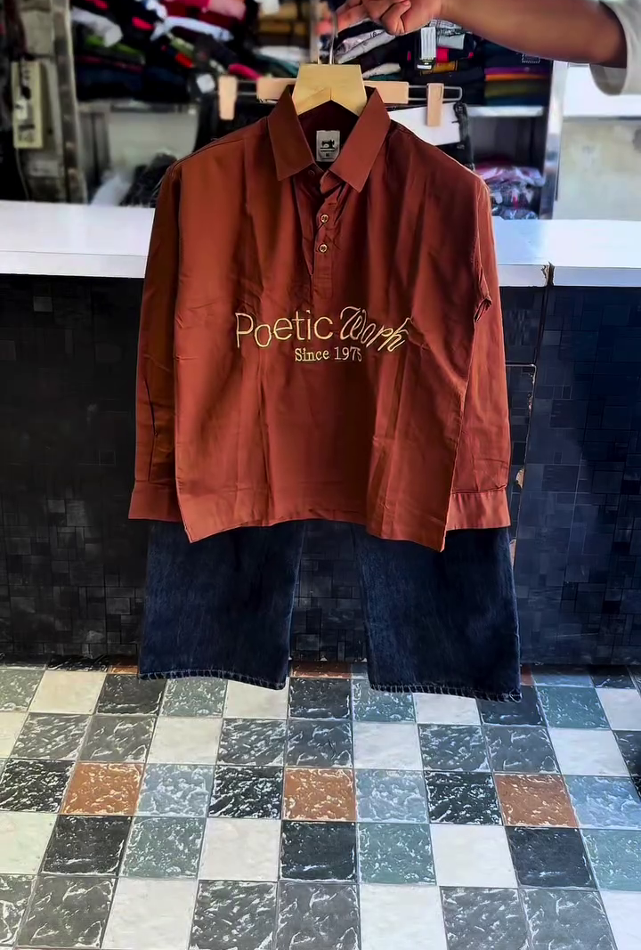 Rust-Brown Collared Long-Sleeve Shirt With "Poetic Work" Typography Paired With Dark Denim Jeans 🤎👕👖✨