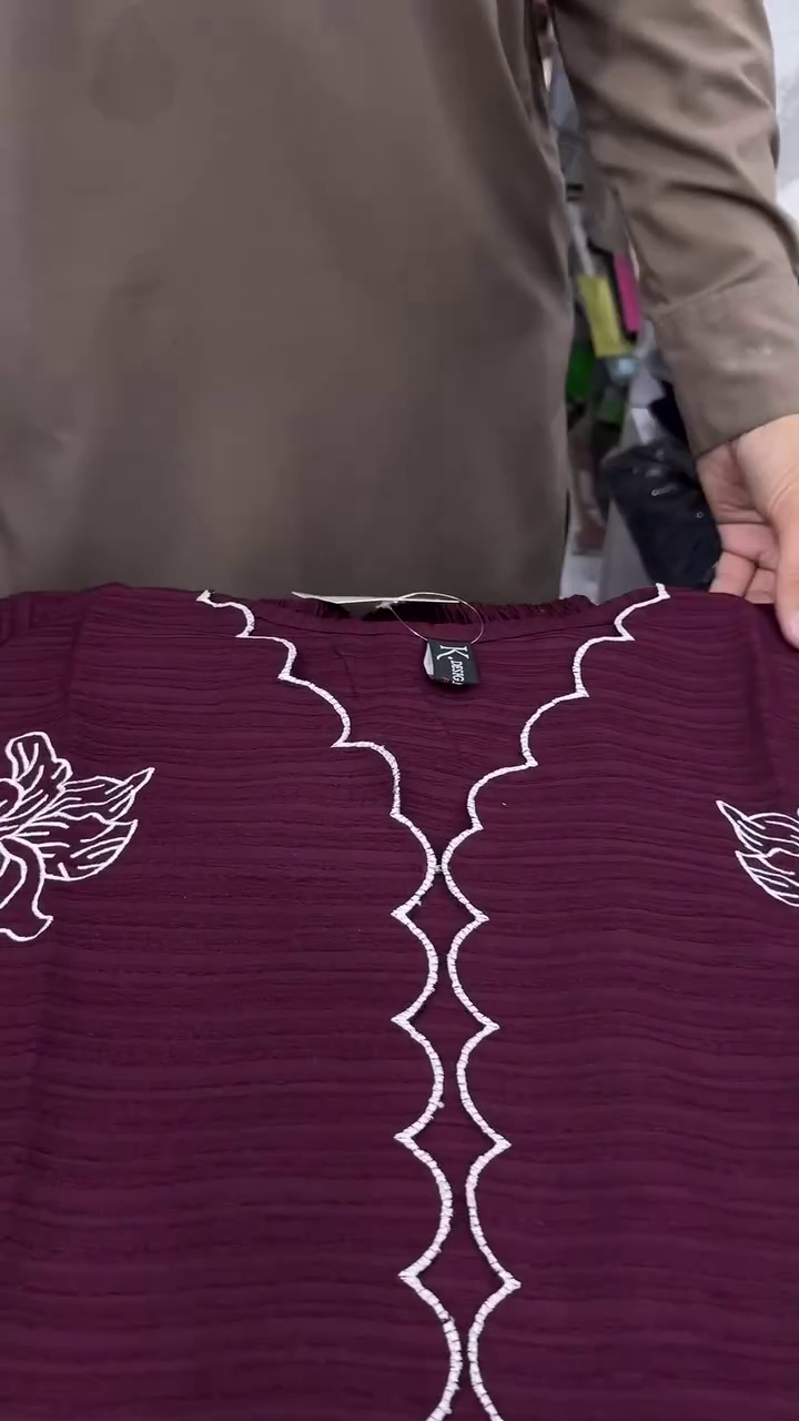 Deep Maroon Kurti Set With White Scalloped Floral Embroidery And Matching Trousers 🍷🤍🌸✨