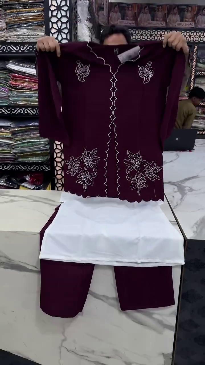 Deep Maroon Kurti Set With White Scalloped Floral Embroidery And Matching Trousers 🍷🤍🌸✨