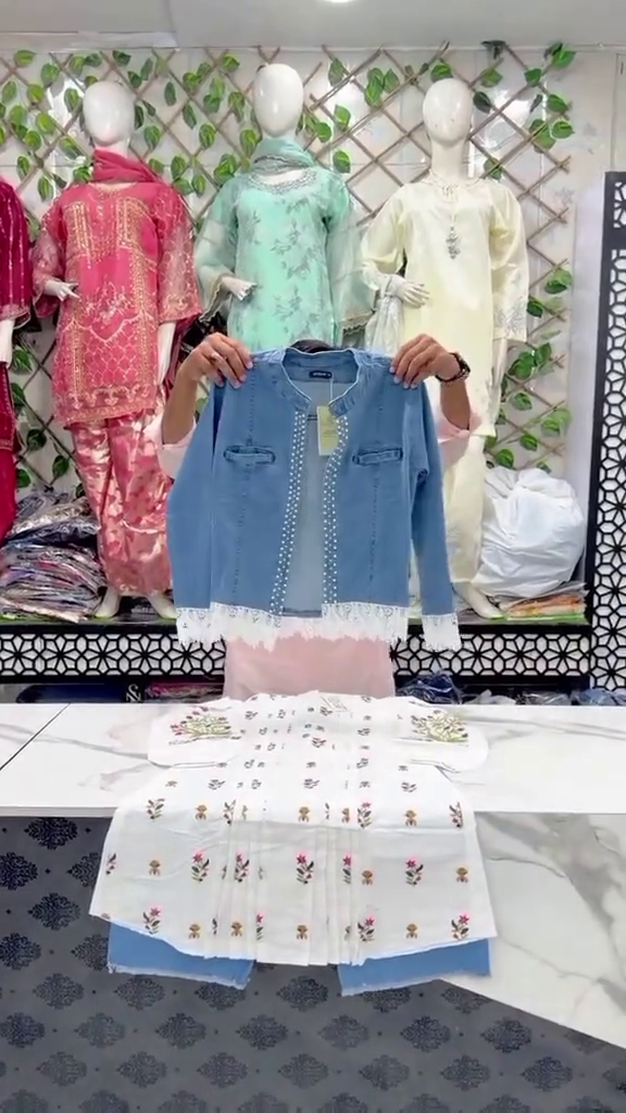 Light-Wash Denim Studded Bomber Jacket Paired With White Embroidered Kurti Set 🩵🤍✨