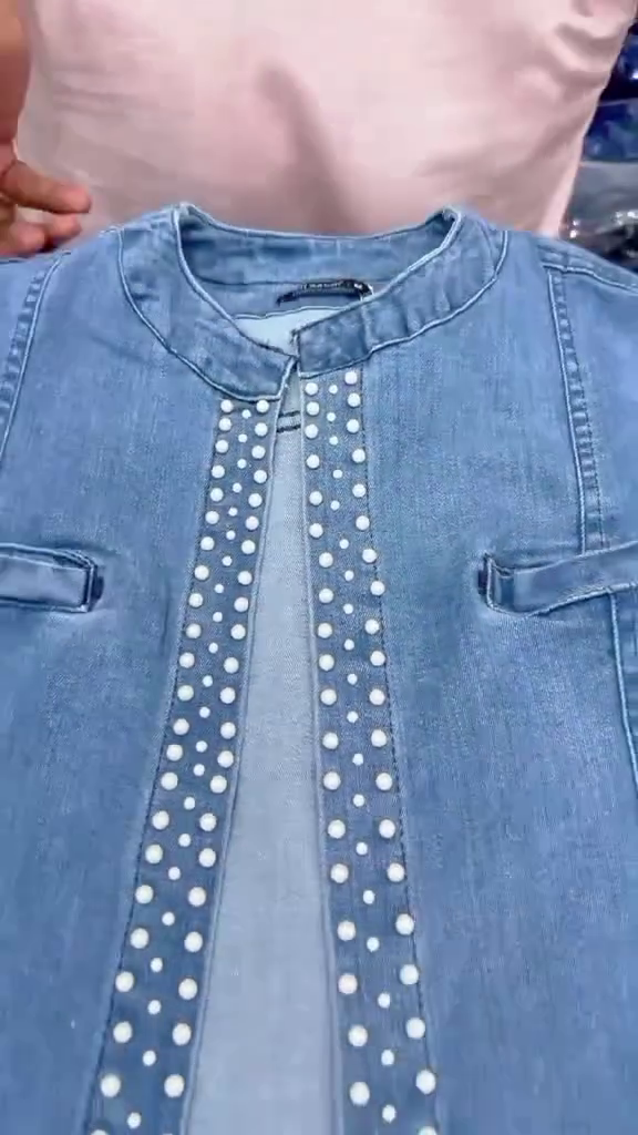 Light-Wash Denim Studded Bomber Jacket Paired With White Embroidered Kurti Set 🩵🤍✨