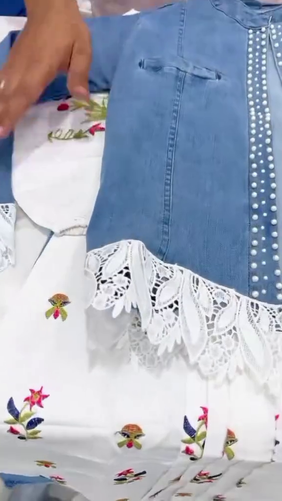 Light-Wash Denim Studded Bomber Jacket Paired With White Embroidered Kurti Set 🩵🤍✨