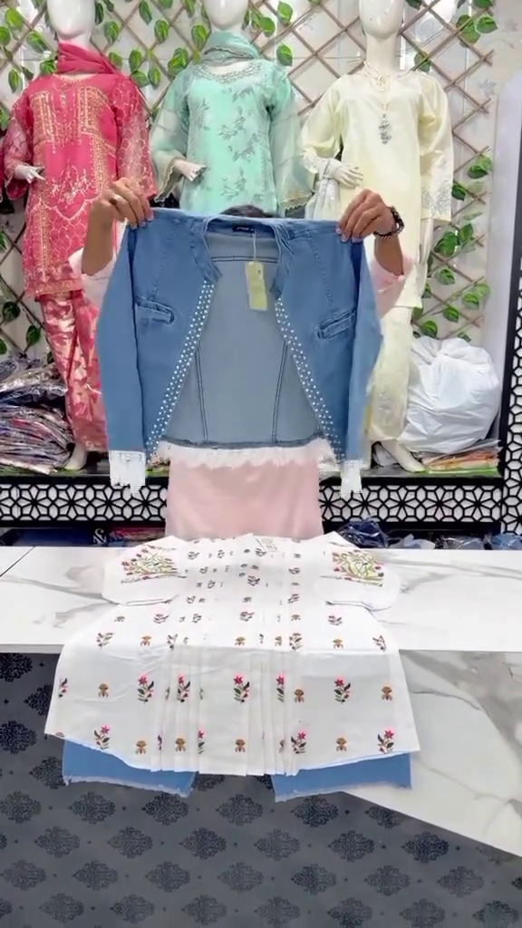 Light-Wash Denim Studded Bomber Jacket Paired With White Embroidered Kurti Set 🩵🤍✨