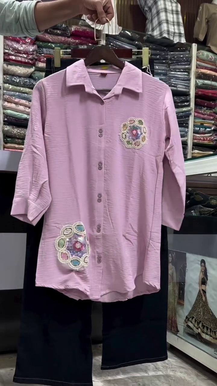 Soft Lilac Long-Sleeve Button-Down Shirt With Mirrored Patch Appliques Paired With Dark Trousers 💜🪞✨