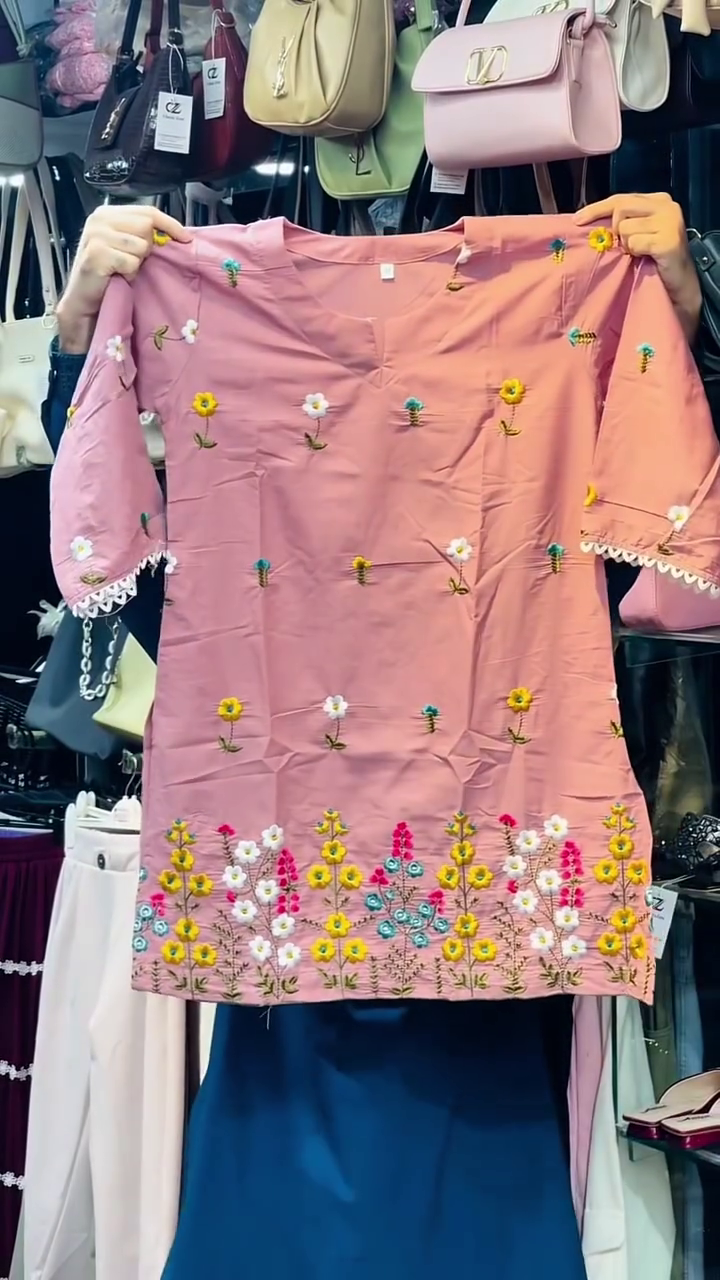 Dusty Pink Long-Sleeve Shirt With Multi-Colored Floral Embroidery Paired With Blue Trousers 🩷💐✨
