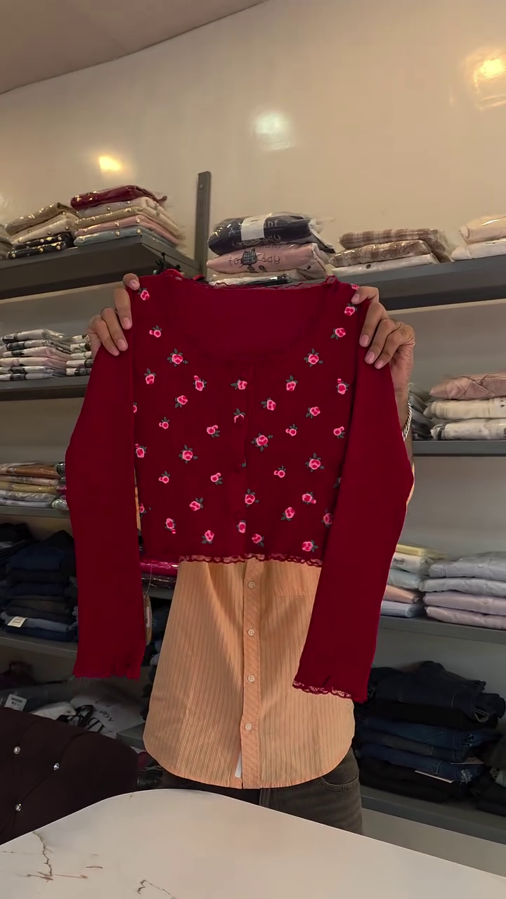 Deep Red Cardigan With Scattered Pink Floral Embellishments Paired With Dark Grey Wide-Leg Jeans 🍷🌺👖✨