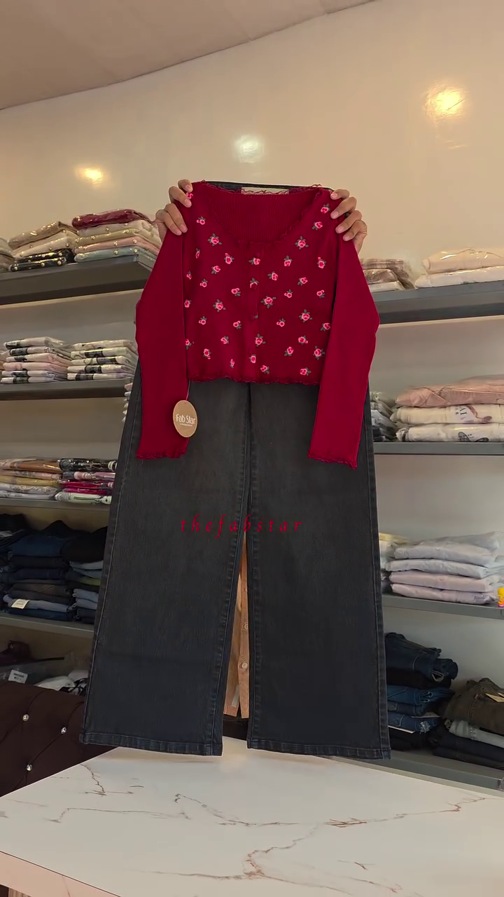 Deep Red Cardigan With Scattered Pink Floral Embellishments Paired With Dark Grey Wide-Leg Jeans 🍷🌺👖✨