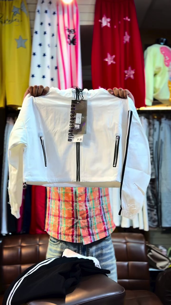 Minimalist White Crop Bomber Jacket With Black Piping Paired With Plaid Flannel Shirt And Joggers 🤍🖤🧥