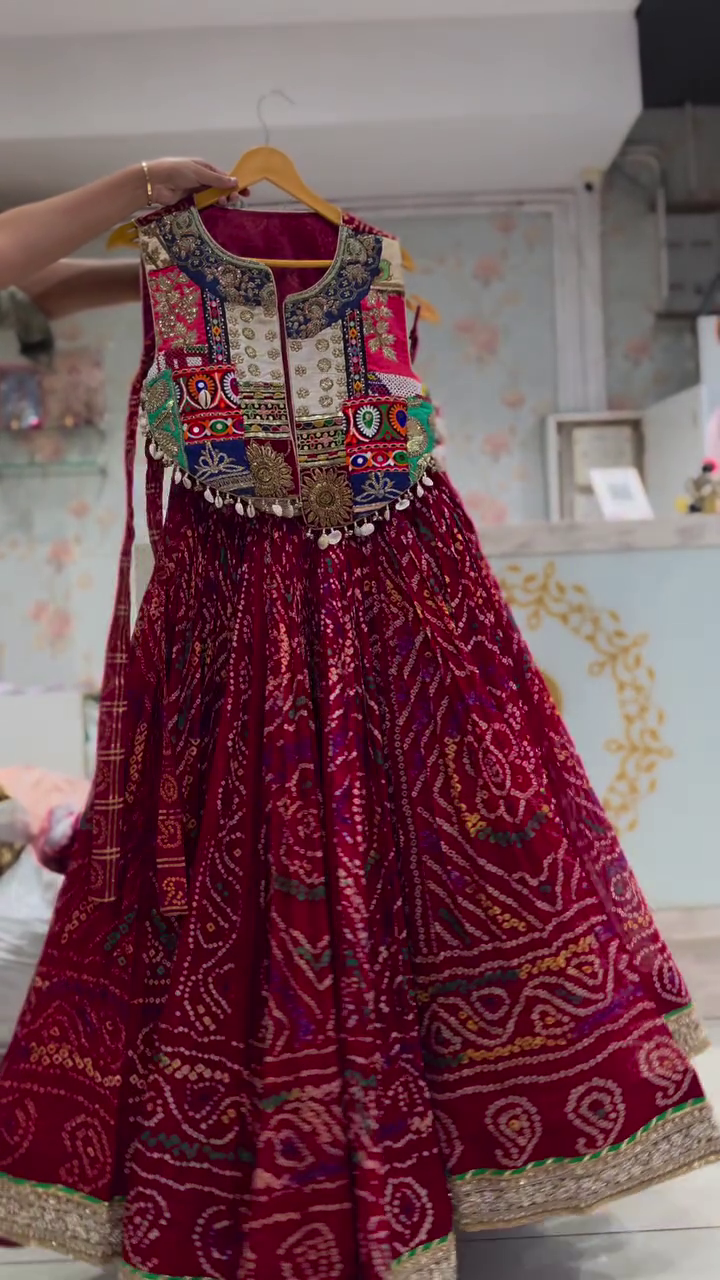 Rich Crimson Red Bandhani Lehenga Set With Multi-Colored Patchwork Jacket 🍷🔴✨🥻