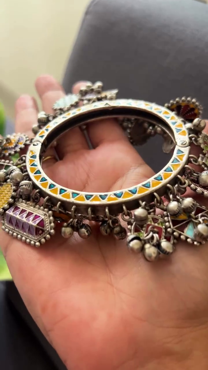 Exquisite Oxidized Silver Chunky Bangles With Colorful Enamel Accents And Ghungroo Bells 💍✨