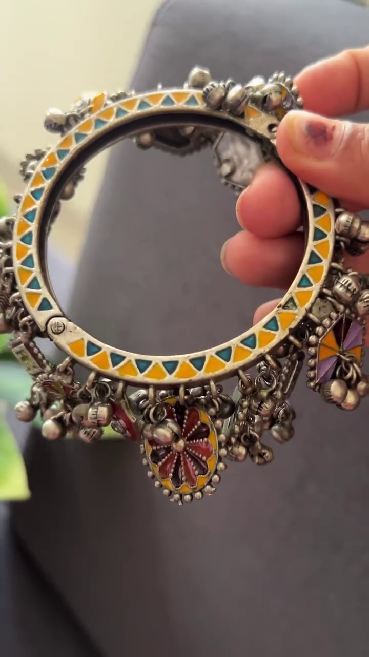 Exquisite Oxidized Silver Chunky Bangles With Colorful Enamel Accents And Ghungroo Bells 💍✨
