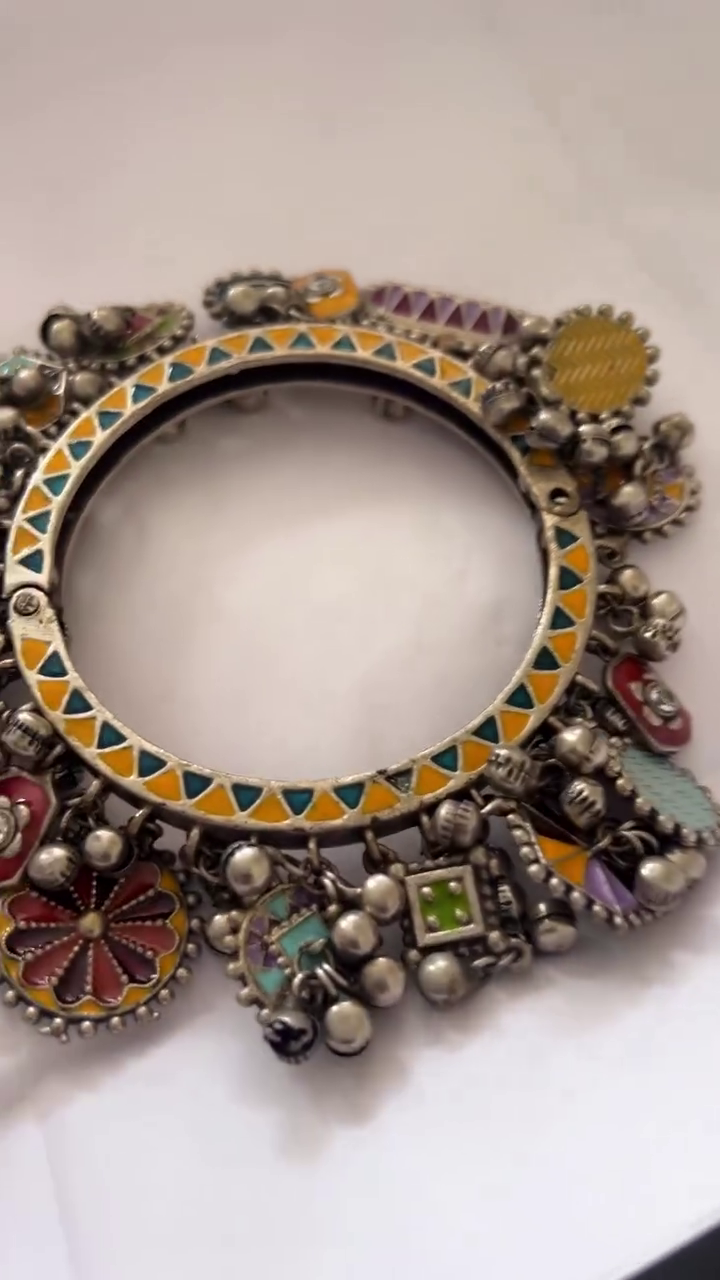 Exquisite Oxidized Silver Chunky Bangles With Colorful Enamel Accents And Ghungroo Bells 💍✨