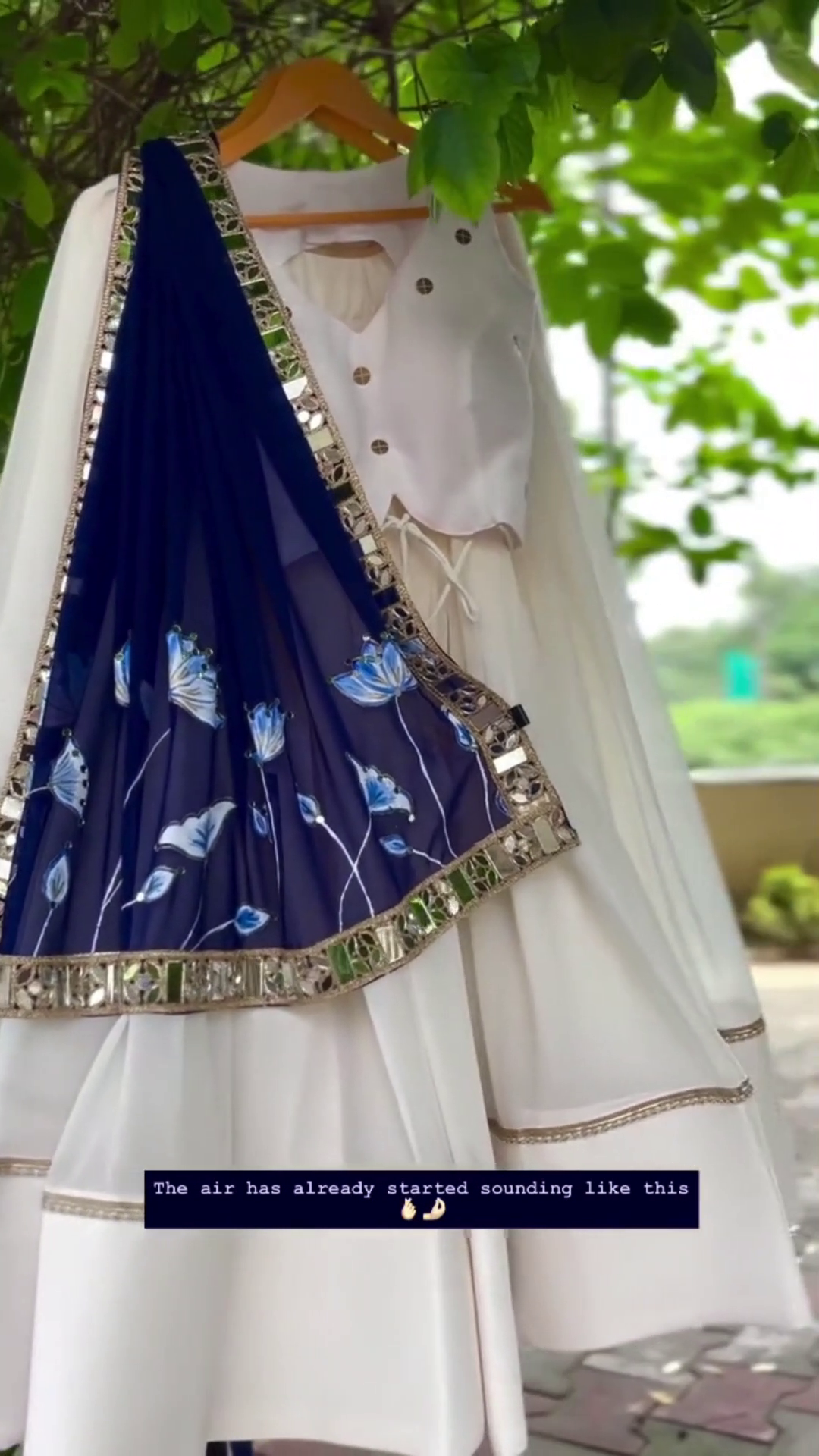 Stunning Ivory And Deep Blue Indo-Western Lehenga Set With Mirror-Work Dupatta And Designer Blouse 🤍💙
