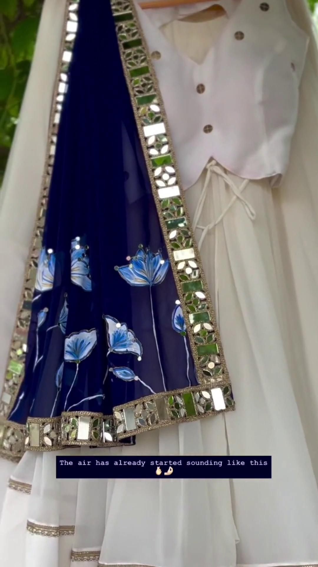 Stunning Ivory And Deep Blue Indo-Western Lehenga Set With Mirror-Work Dupatta And Designer Blouse 🤍💙