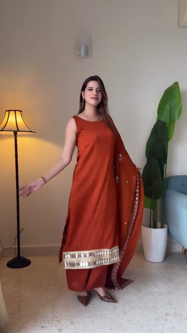 Rust-Orange Traditional Kurti And Palazzo Set With Shimmering Gold Border And Matching Dupatta 🧡✨