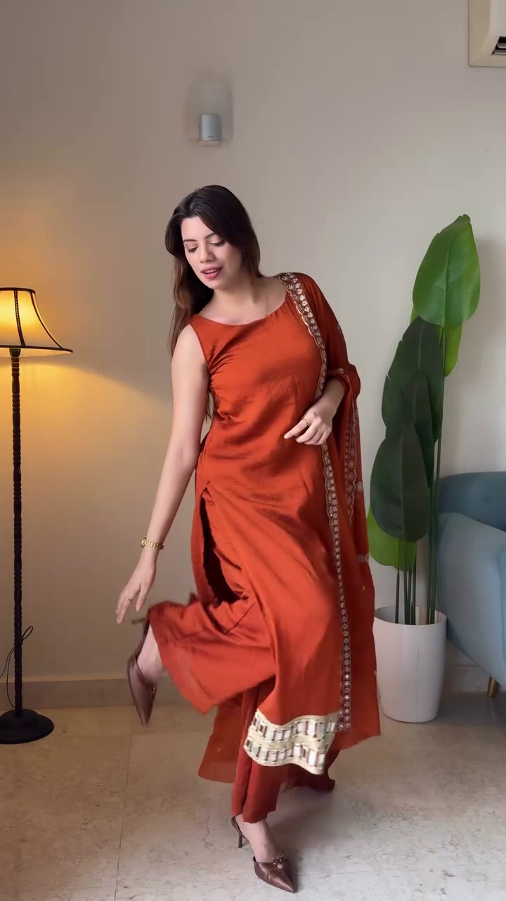 Rust-Orange Traditional Kurti And Palazzo Set With Shimmering Gold Border And Matching Dupatta 🧡✨