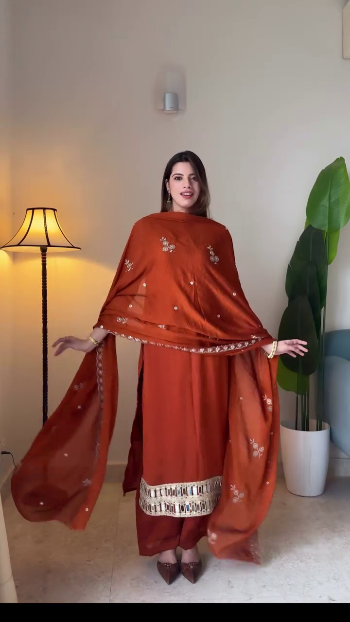 Rust-Orange Traditional Kurti And Palazzo Set With Shimmering Gold Border And Matching Dupatta 🧡✨