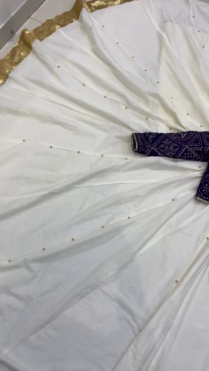 Graceful Ivory-White Lehenga Set With Delicate Gold Bootis And Purple Bandhani Blouse 🤍💜✨🧵