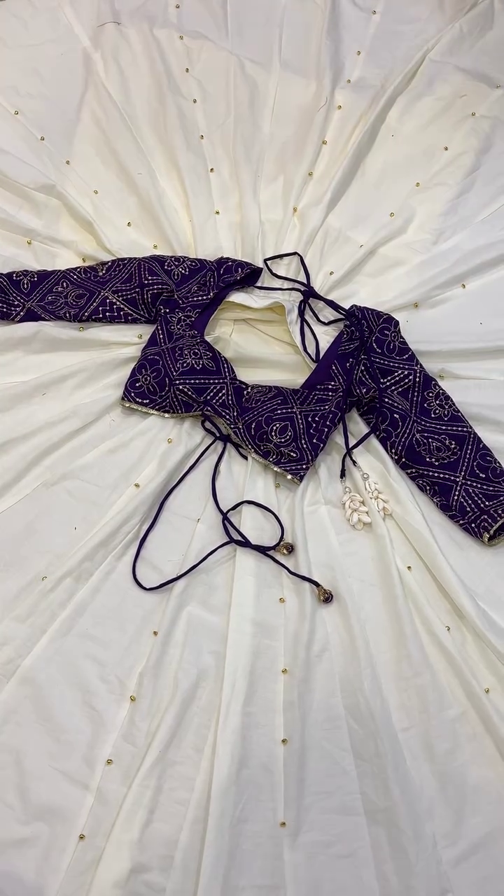 Graceful Ivory-White Lehenga Set With Delicate Gold Bootis And Purple Bandhani Blouse 🤍💜✨🧵