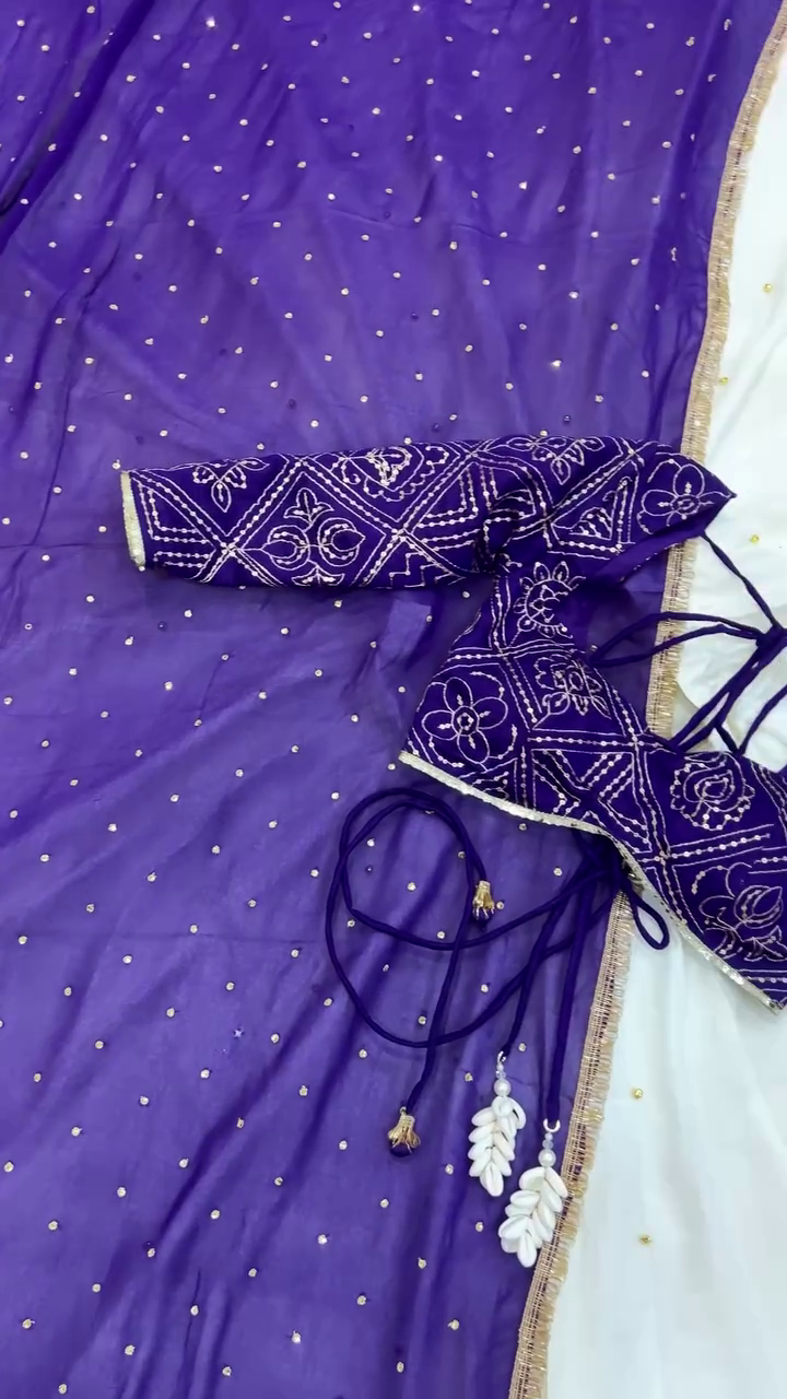 Graceful Ivory-White Lehenga Set With Delicate Gold Bootis And Purple Bandhani Blouse 🤍💜✨🧵