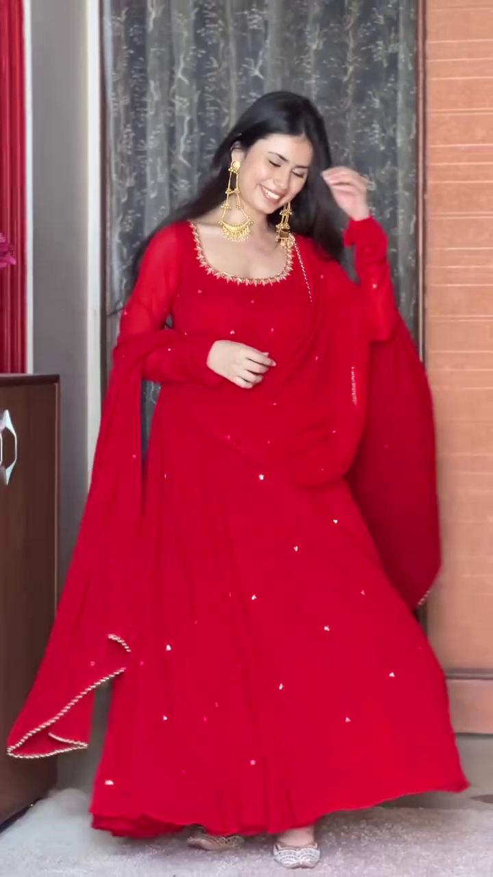 Vibrant Red Full-Length Flared Anarkali Gown With Matching Dupatta And Embellished Neckline ❤️✨