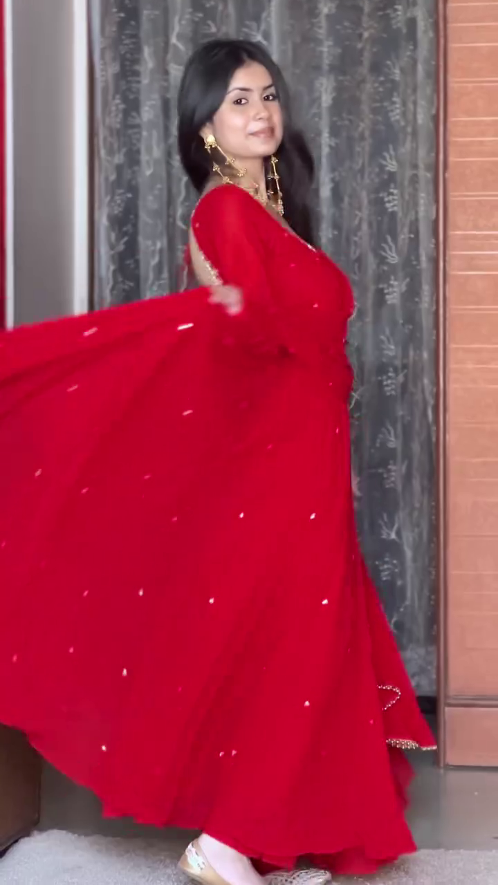 Vibrant Red Full-Length Flared Anarkali Gown With Matching Dupatta And Embellished Neckline ❤️✨