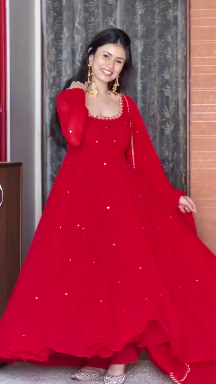Vibrant Red Full-Length Flared Anarkali Gown With Matching Dupatta And Embellished Neckline ❤️✨