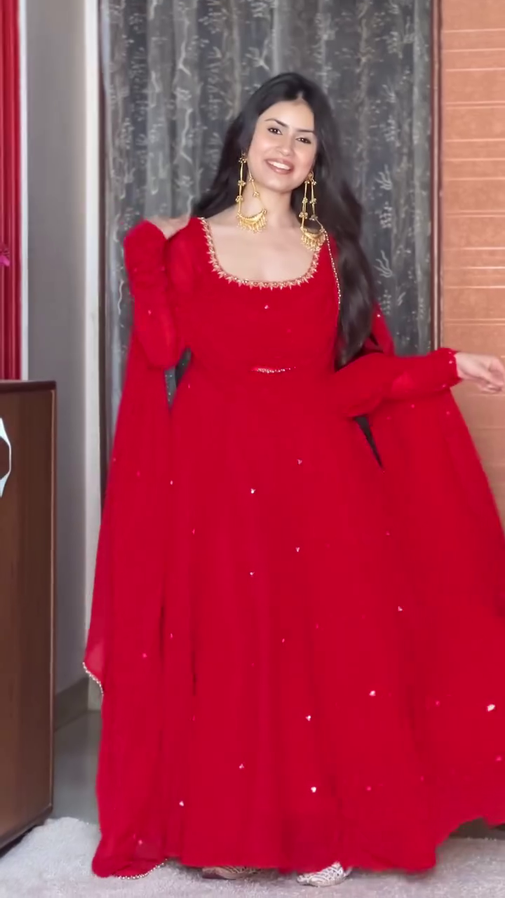 Vibrant Red Full-Length Flared Anarkali Gown With Matching Dupatta And Embellished Neckline ❤️✨
