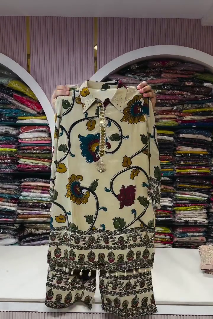 Beige And Multi-Color Floral Printed Collared Kurti And Palazzo Set 🌸