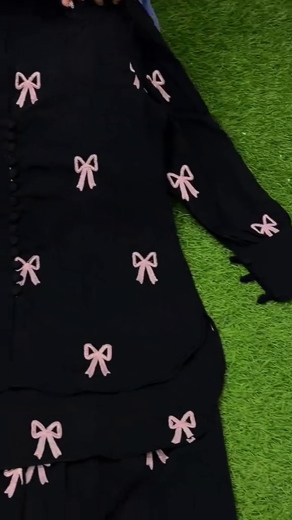 Black Long-Sleeve Button-Down Shirt And Trousers Co-Ord Set With Pink Ribbon Bow Prints 🖤🎀✨