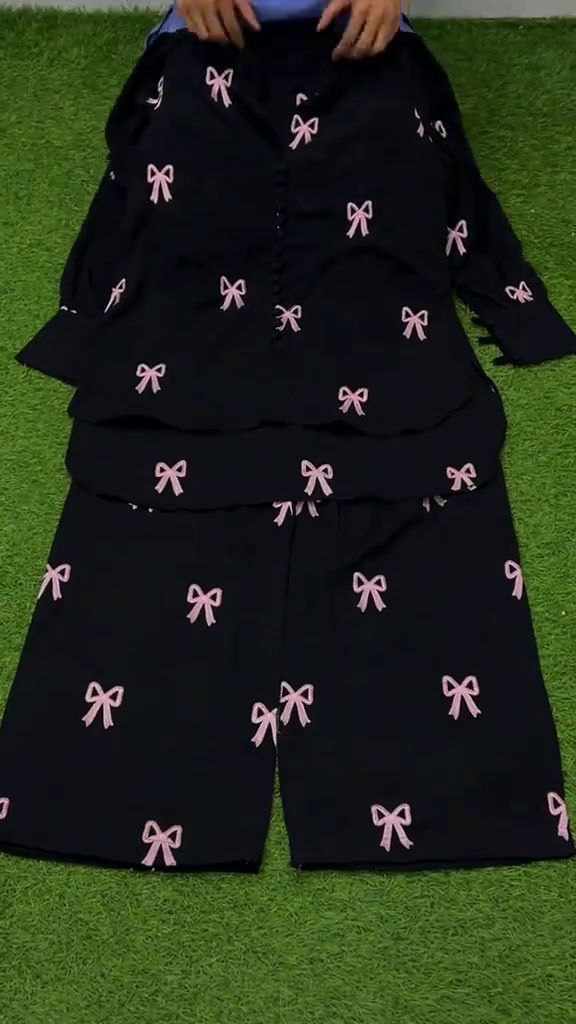 Black Long-Sleeve Button-Down Shirt And Trousers Co-Ord Set With Pink Ribbon Bow Prints 🖤🎀✨