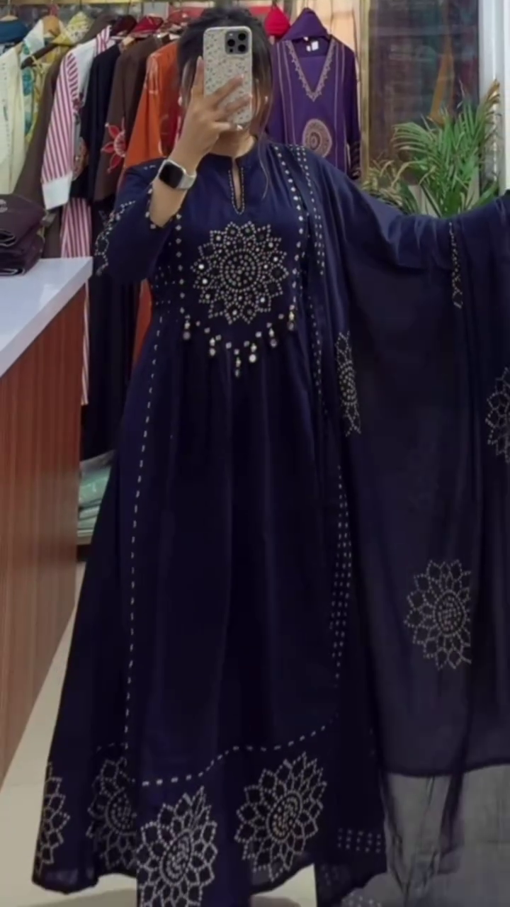 Deep Navy-Blue Traditional Long Kurti With Silver Bandhani Foil Print And Mirror Work 💙🪞