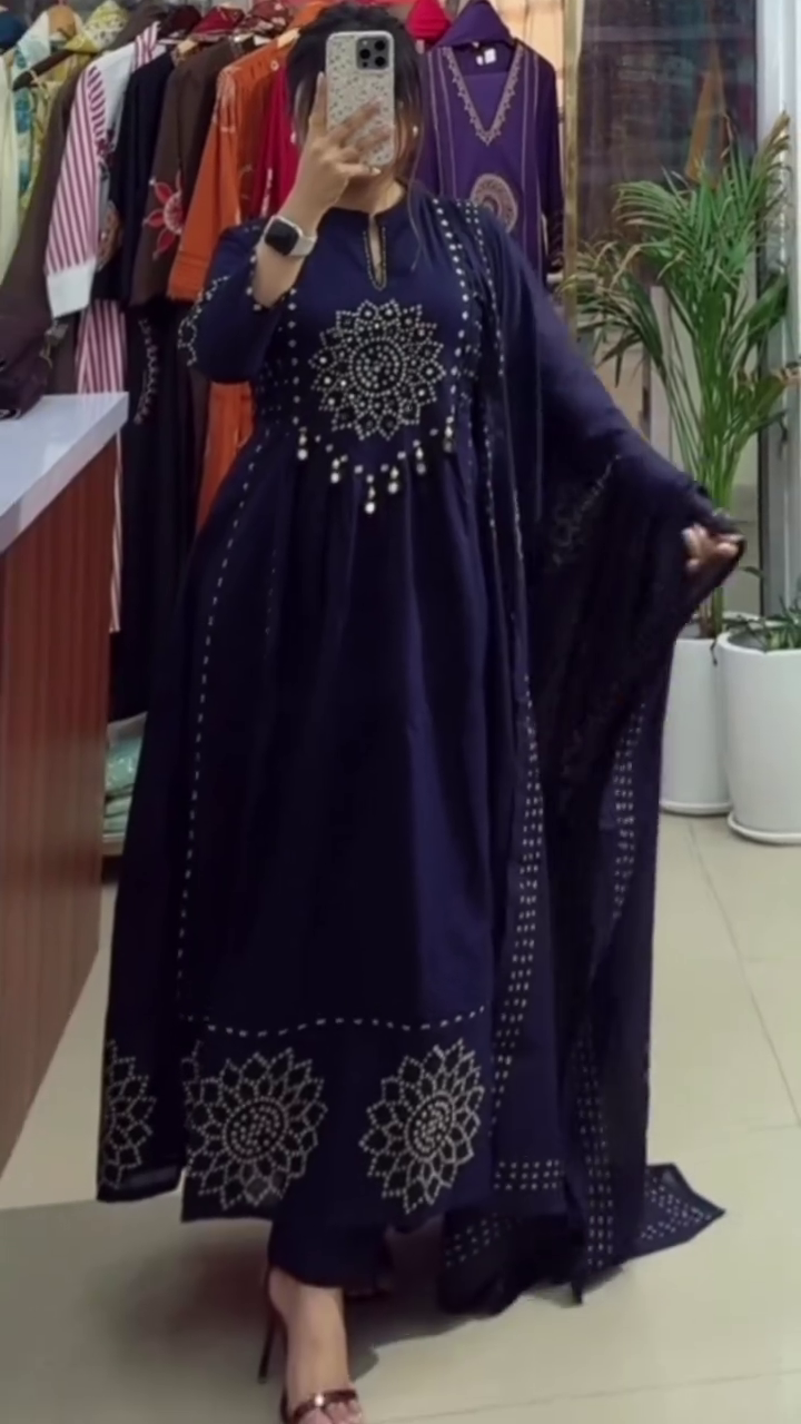 Deep Navy-Blue Traditional Long Kurti With Silver Bandhani Foil Print And Mirror Work 💙🪞