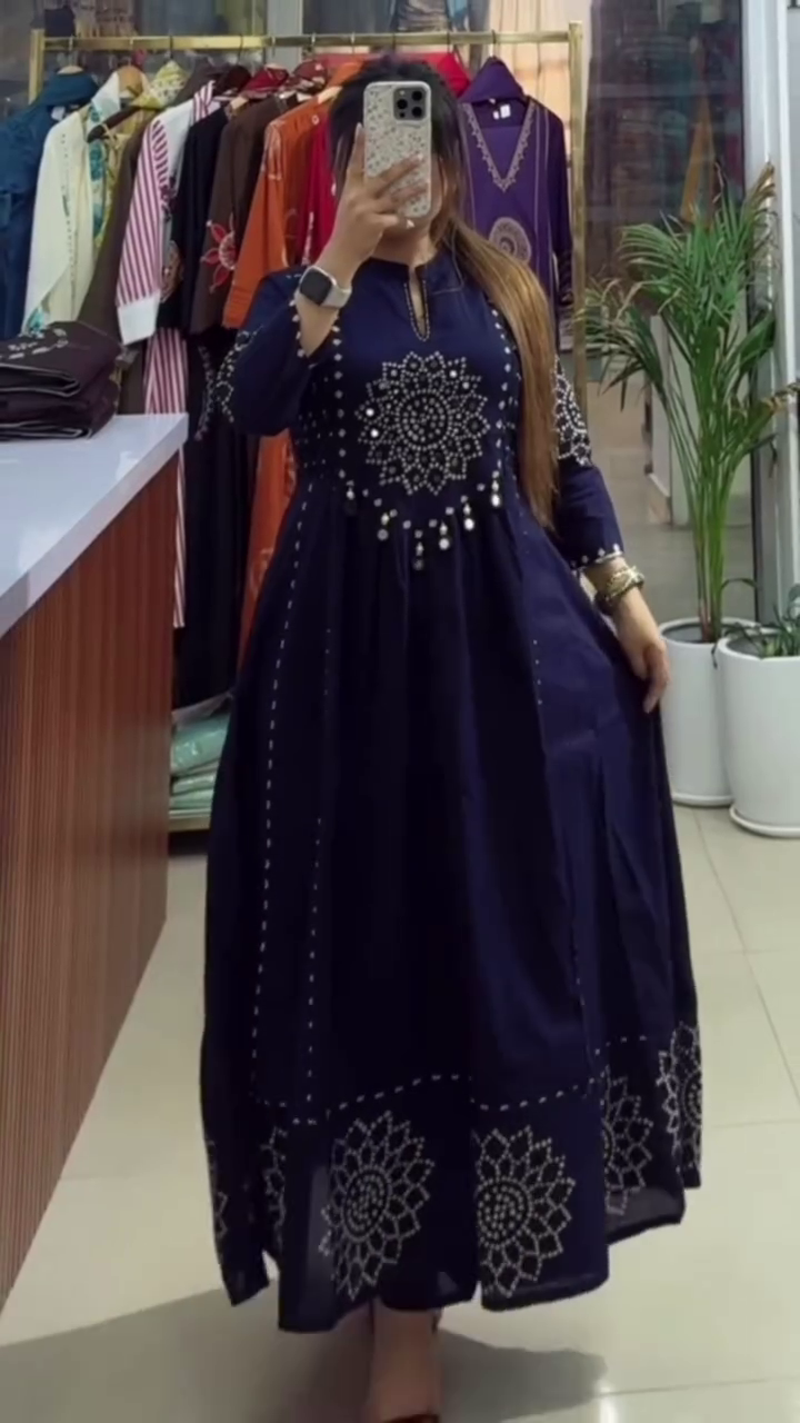 Deep Navy-Blue Traditional Long Kurti With Silver Bandhani Foil Print And Mirror Work 💙🪞