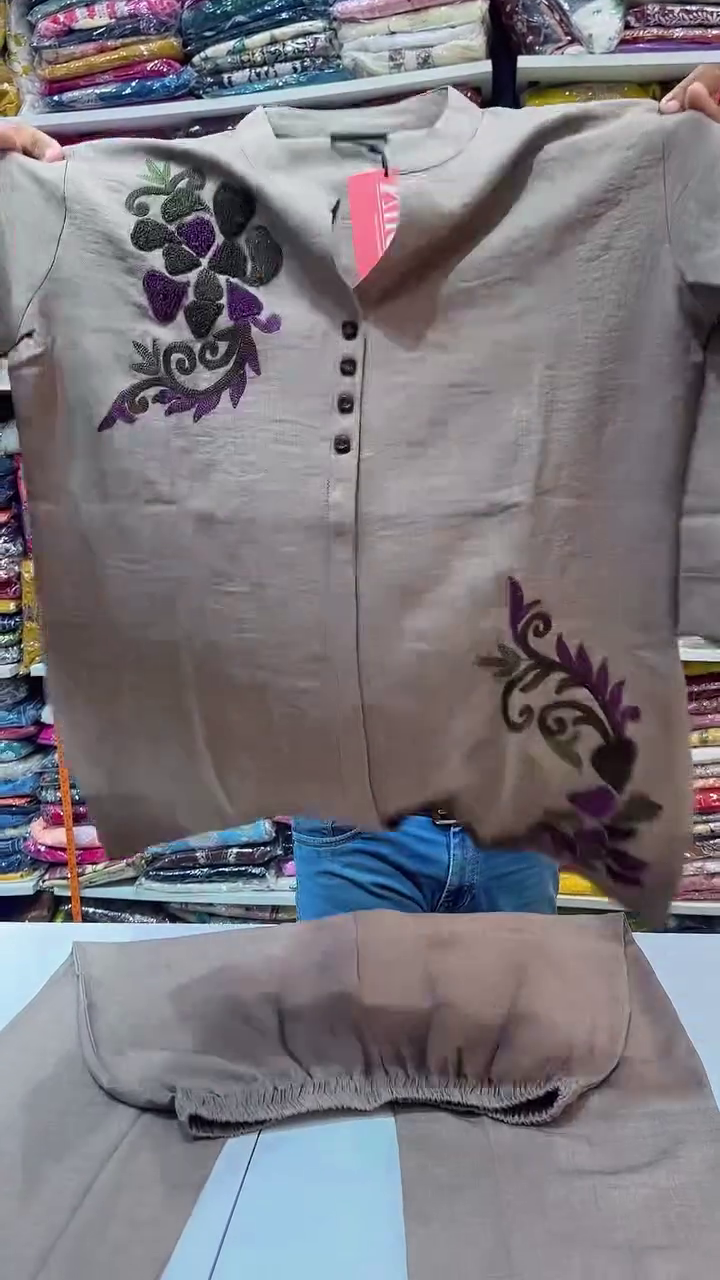 Taupe-Grey Button-Down Tunic Shirt With Dark Floral Applique And Matching Trousers 🤎🌸✨