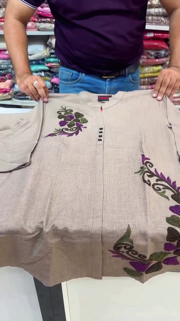 Taupe-Grey Button-Down Tunic Shirt With Dark Floral Applique And Matching Trousers 🤎🌸✨