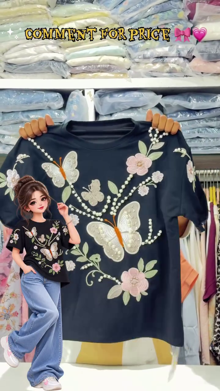 Vibrant Pink Short-Sleeve T-Shirt With Pearlescent Butterfly And Floral Appliques 🩷🦋🌸✨