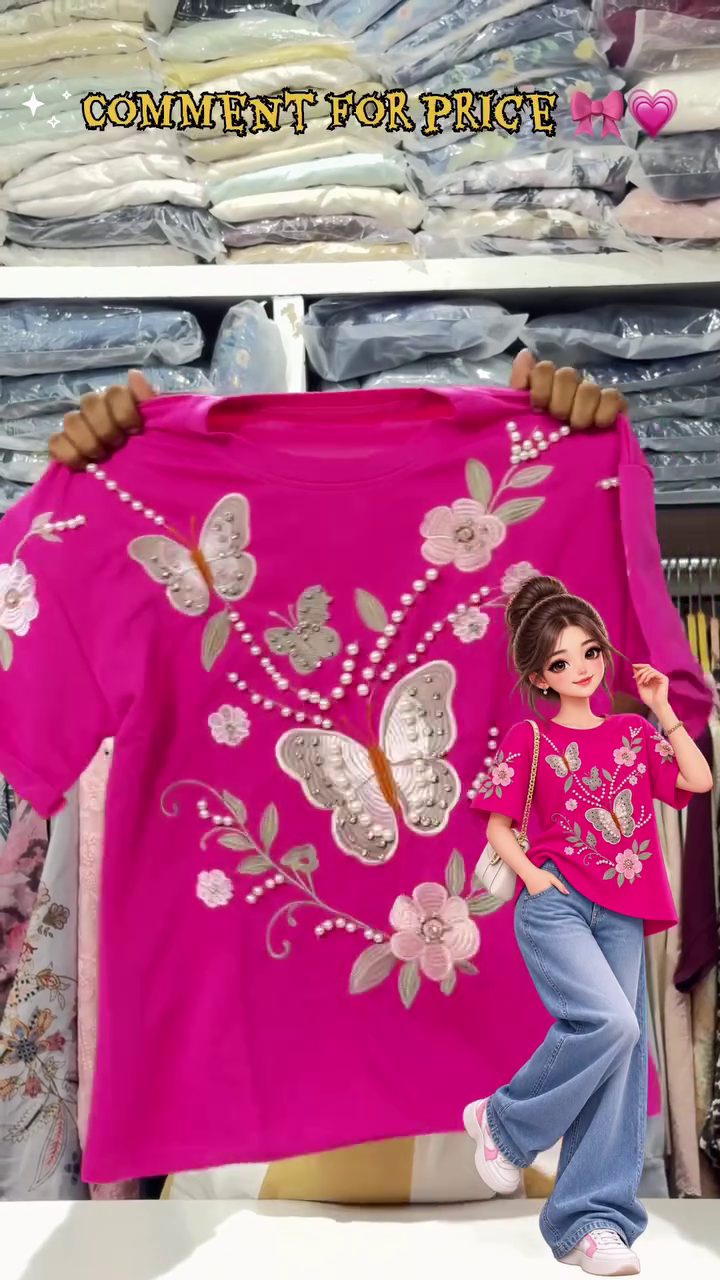 Vibrant Pink Short-Sleeve T-Shirt With Pearlescent Butterfly And Floral Appliques 🩷🦋🌸✨