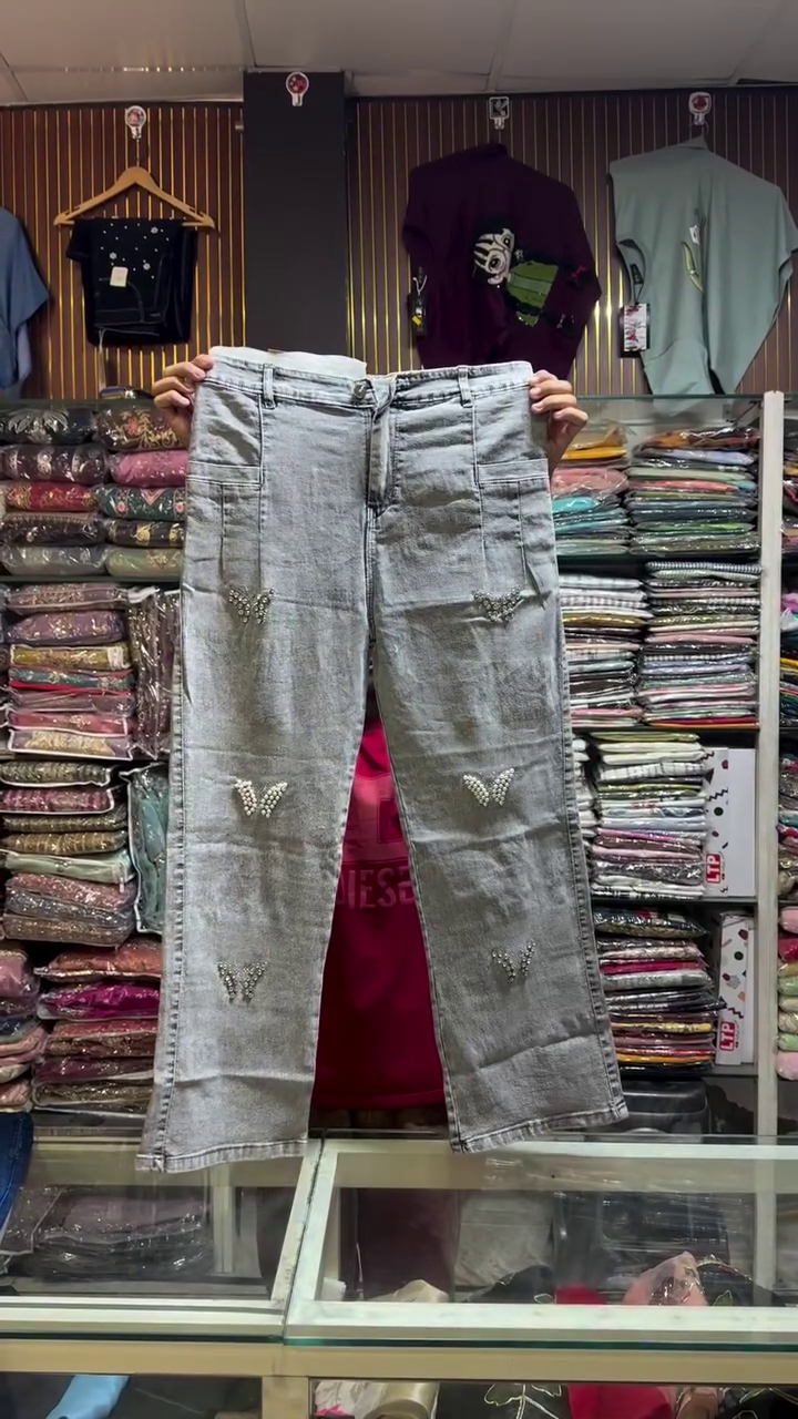 Classic Blue Wide-Leg Denim Jeans With Embroidered Ribbon Bow Details 👖🎀