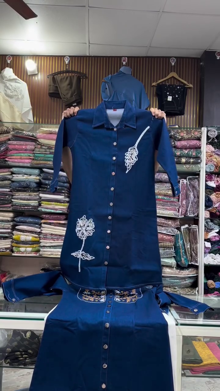 Classic Denim Blue Long Tunic Shirt With Embroidered Floral Motifs And White Trousers 💙🌼🤍✨