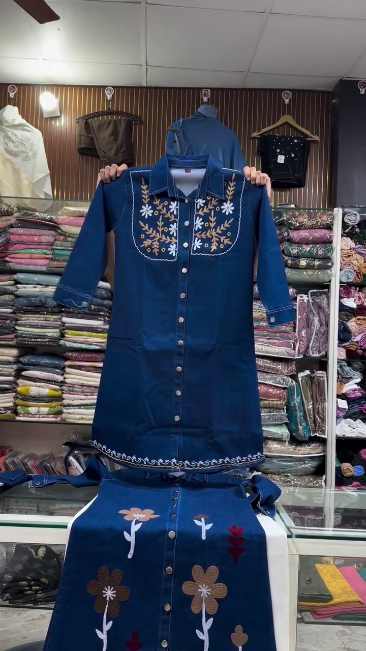 Classic Denim Blue Long Tunic Shirt With Embroidered Floral Motifs And White Trousers 💙🌼🤍✨