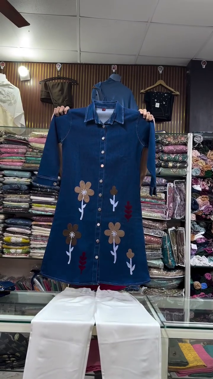 Classic Denim Blue Long Tunic Shirt With Embroidered Floral Motifs And White Trousers 💙🌼🤍✨