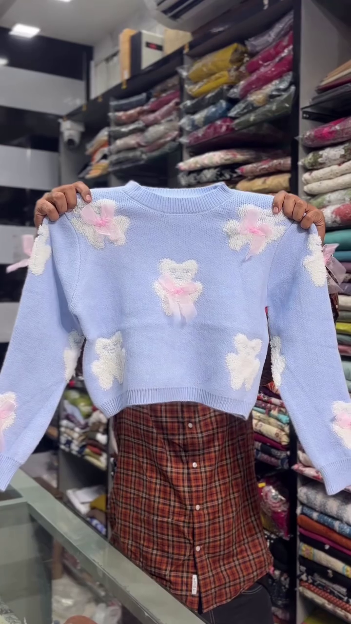 Pastel-Pink Knit Sweater With Scattered Pink Teddy Bear Appliques And Bow Accents 🩷🧸🎀✨