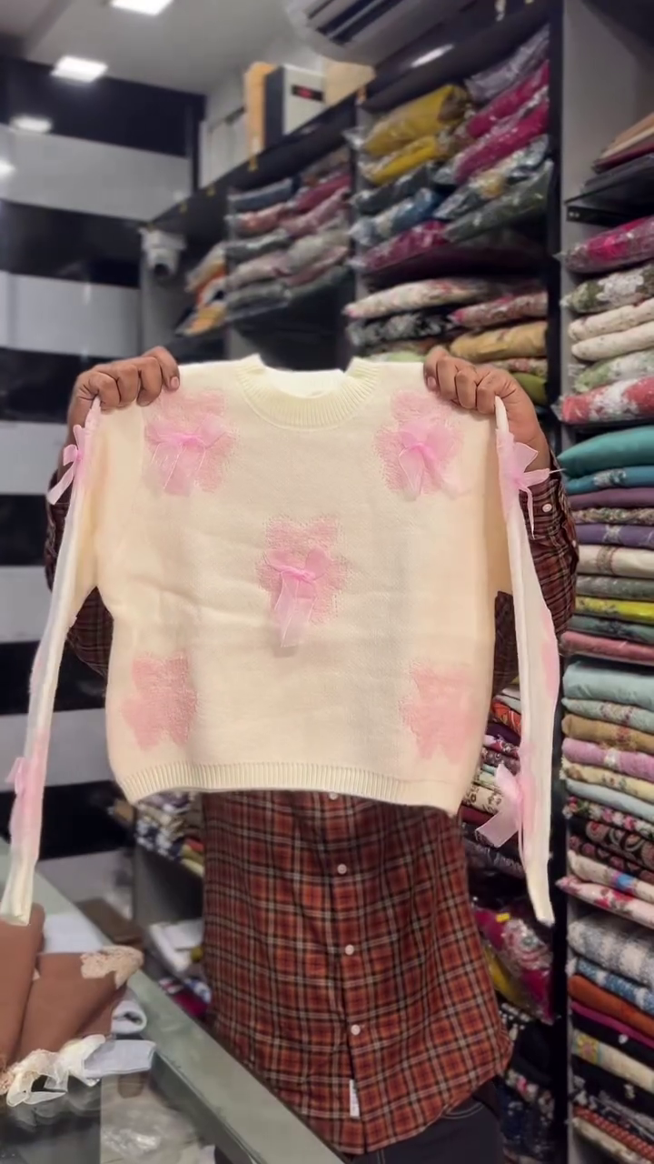 Pastel-Pink Knit Sweater With Scattered Pink Teddy Bear Appliques And Bow Accents 🩷🧸🎀✨