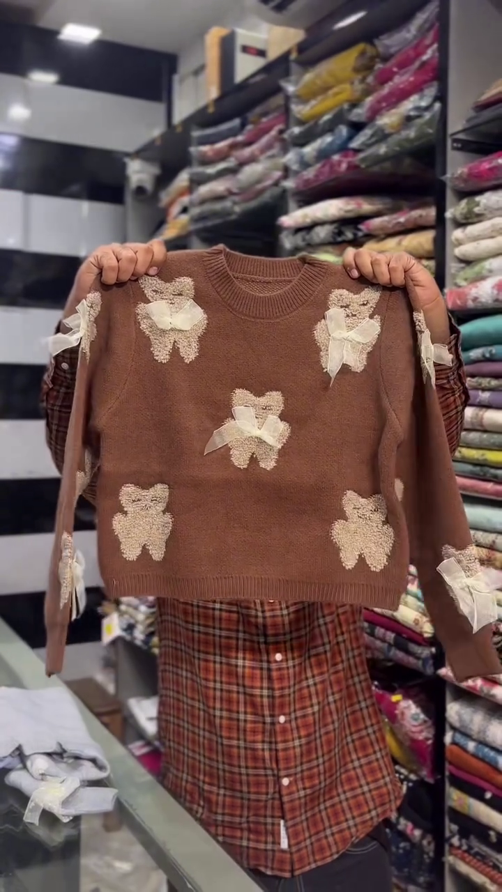 Pastel-Pink Knit Sweater With Scattered Pink Teddy Bear Appliques And Bow Accents 🩷🧸🎀✨