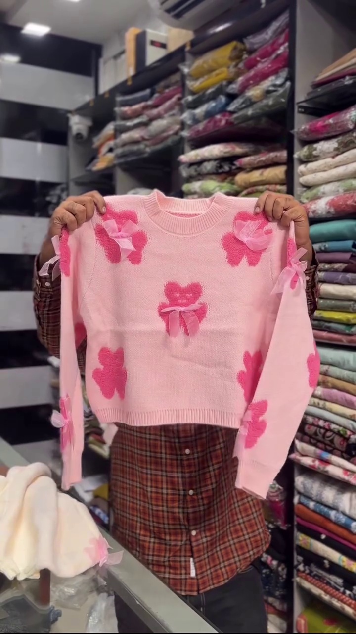 Pastel-Pink Knit Sweater With Scattered Pink Teddy Bear Appliques And Bow Accents 🩷🧸🎀✨
