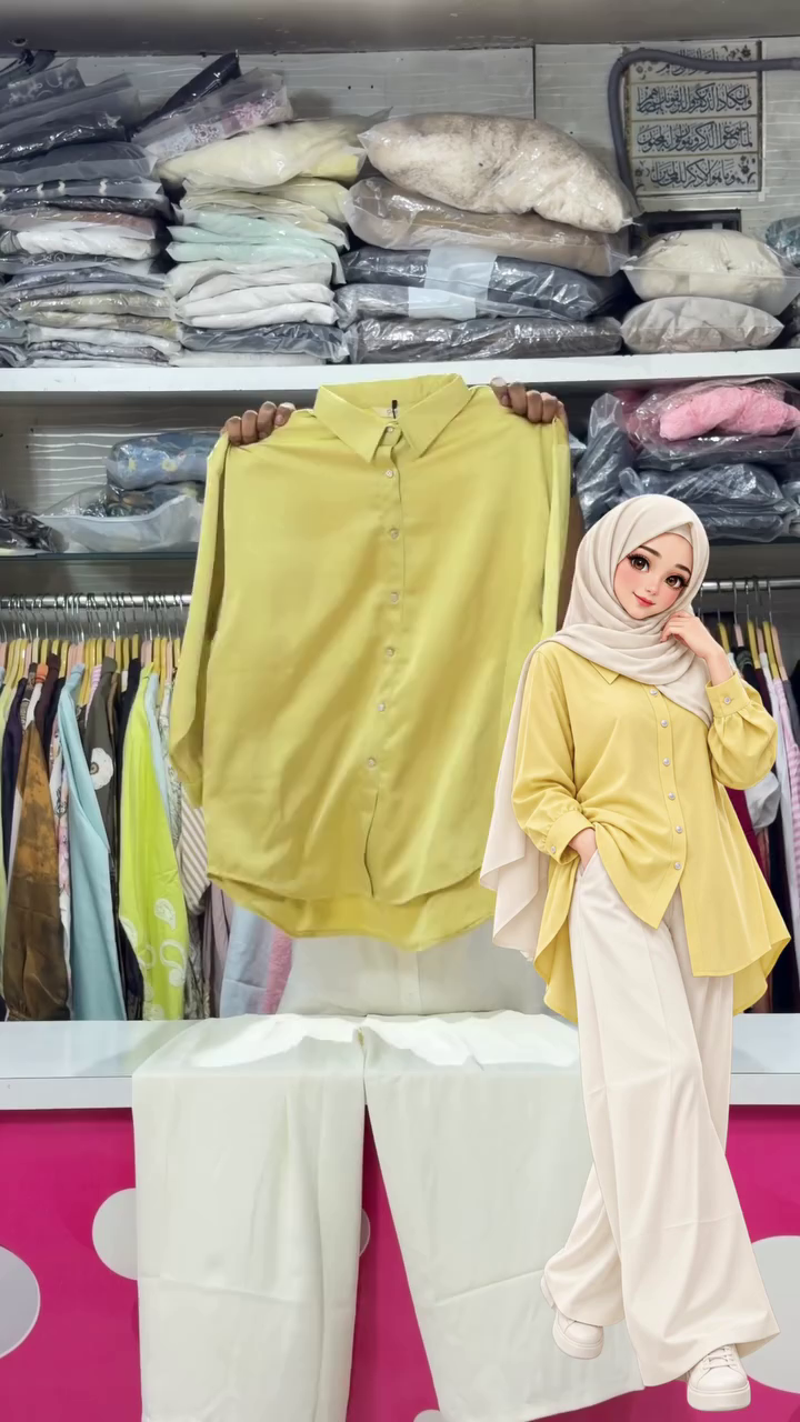 Citrine-Yellow Long-Sleeve Button-Down Shirt Paired With Cream-White Trousers 💛🤍👔✨