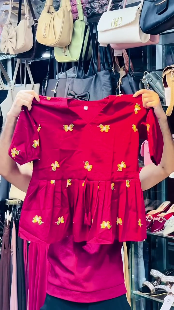 Dusty Pink Peplum Blouse With Yellow Floral Embroidery And Drawstring Waist 🩷