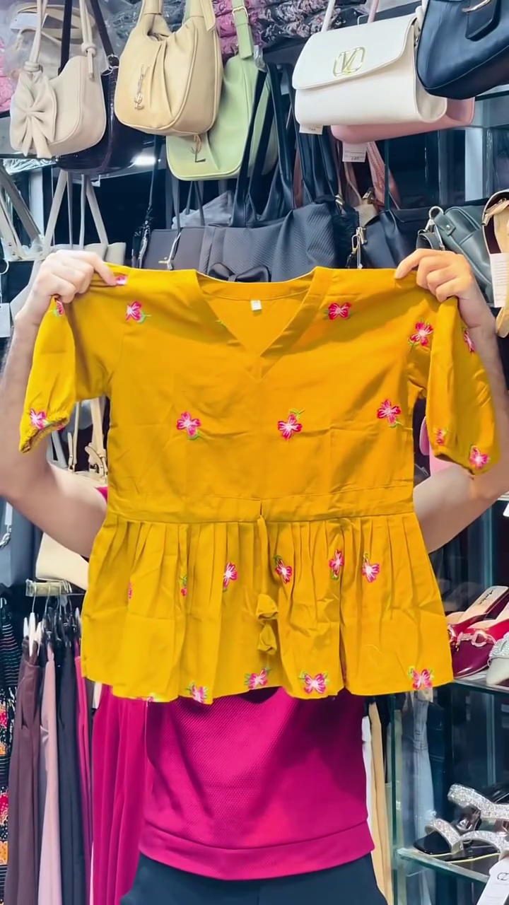 Dusty Pink Peplum Blouse With Yellow Floral Embroidery And Drawstring Waist 🩷